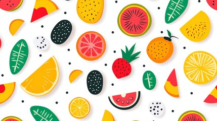 Minimal design with exotic fruits and tropical leaves on a white background for a clean aesthetic.