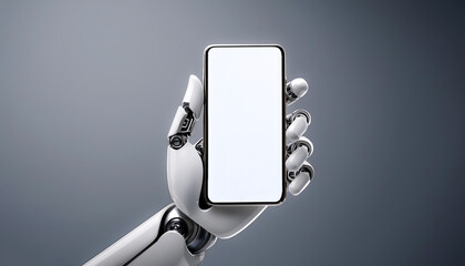 AI robot arm holding a smartphone with white screen, with a clean white design that mimics a human hand
