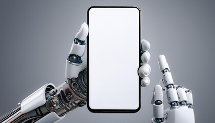 AI robot arm holding a smartphone with white screen, with a clean white design that mimics a human hand