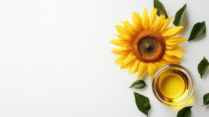 Obraz premium Top view of sunflower oil on a clean white background, highlighting the rich texture of sunflower oil. Ideal composition with ample copy space for text and branding.