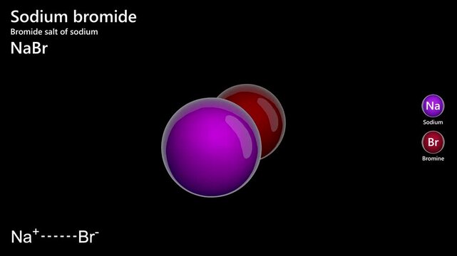 Sodium Bromide. Bromide salt. Animated 3D model of a molecule. Molecular formula: NaBr. Chemical model: Ball and stick. Black background. 3D rendering. Seamless loop.