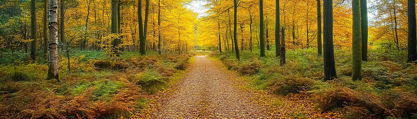 Obraz premium Bright yellow birch trees line serene path in autumn forest, creating vibrant and peaceful atmosphere. golden leaves contrast beautifully with earthy tones of ground