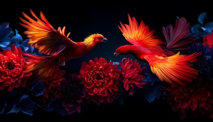 Fototapeta premium Phoenixes with fiery red and gold feathers flying among ornate chrysanthemums, against a deep indigo background.