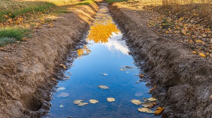 Naklejka premium Rural irrigation ditch with a water channel reflecting a bright sky during the dry autumn season. This rural irrigation scene offers a close-up view and ample copy space.
