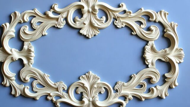 A white, ornate molding frame sits on a light blue wall