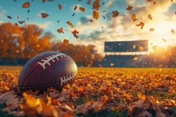 A close-up of a football on an autumn field. This image is perfect for showcasing a sporting event or the beauty of fall.