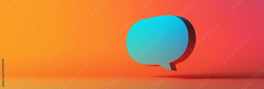 Poster a orange background with a blue speech bubble. the bubble is floating in the air and is the main foc
