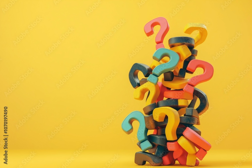 Poster a stack of colorful questions on a yellow background. the questions are piled on top of each other, 