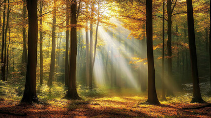 Fototapeta premium dense forest with tall autumn trees, sunlight streaming through leaves, creating serene atmosphere. vibrant colors evoke sense of peace and tranquility