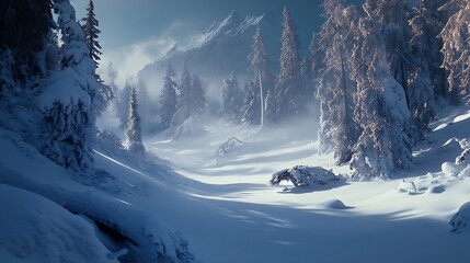 Snowy Forest Landscape with Misty Mountains