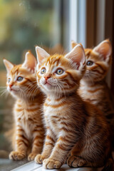 Three orange kittens sitting on a window sill looking out the window