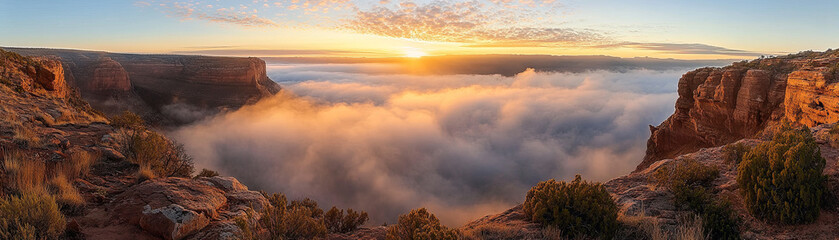 Naklejka premium Autumn sunrise illuminating misty valley, showcasing vibrant colors and dramatic clouds. breathtaking view of nature beauty at dawn