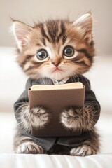 Kitten in business suit holding tiny notebook, isolated for office theme
