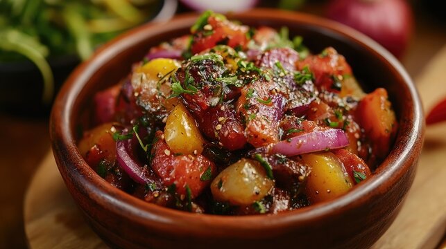 Bowl of a popular poncha de cabra recipe with vibrant ingredients displayed elegantly, captured in a way that highlights the dish, perfect for culinary designs and artistic presentations.