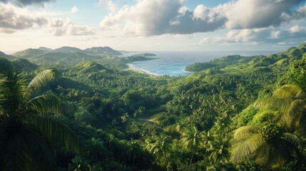 Obraz premium Lush tropical jungle with palm trees and a view of the turquoise ocean in the distance.