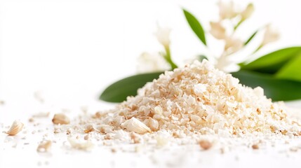Close-up of Oatmeal Flakes with Delicate White Flowers