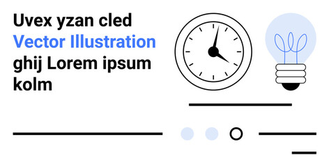 Clock with black dials, light bulb with blue filaments, three lines of placeholder text, and progress bar elements. Ideal for time management, creativity, minimalism, modern design, clean aesthetics