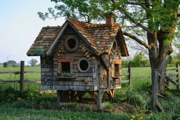 Charming birdhouse crafted from wood and tiles provides a haven for birds