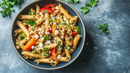 Delicious pasta salad combines wholemeal pasta, vibrant bell pepper strips, crumbly feta, and fresh parsley in a bowl, captured from an overhead angle with ample copy space.