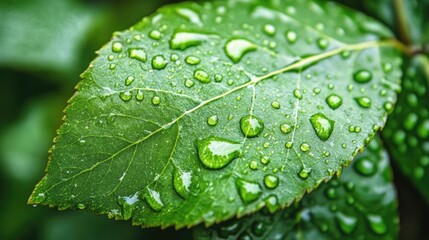 Close-up view of vibrant green leaf adorned with water drops, highlighting the natural beauty and freshness of nature. Ideal for showcasing leaf textures with ample photo space.