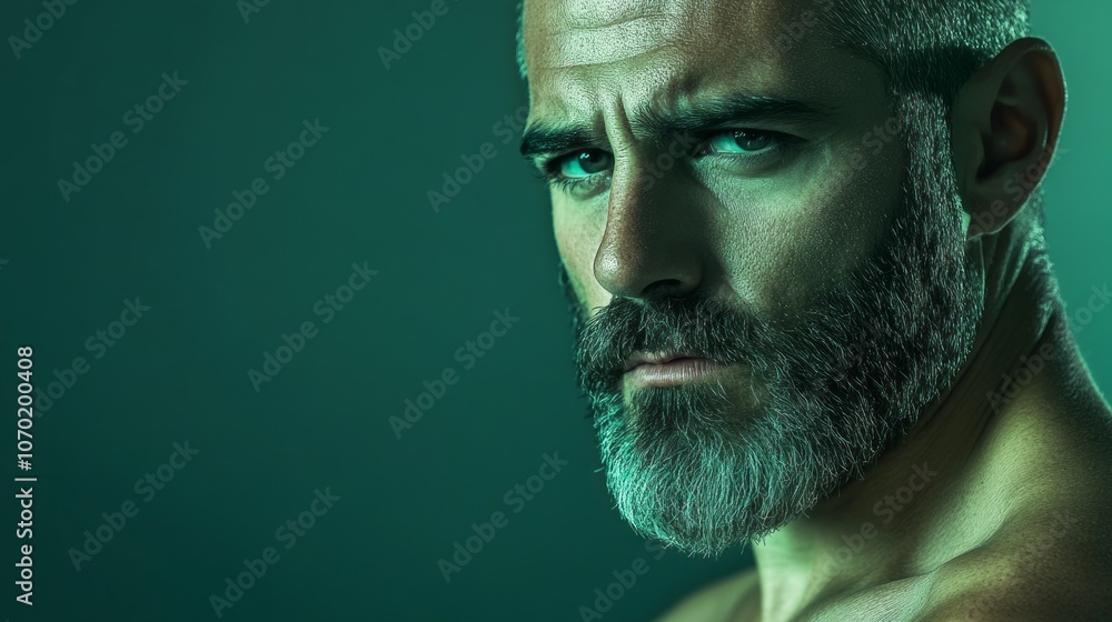 Poster a man with a beard and a green background