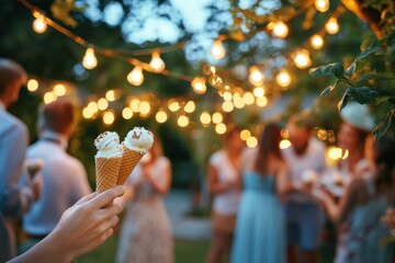 A picturesque garden party with guests enjoying ice cream cones under string lights.