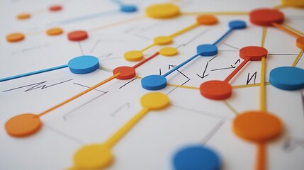 Closeup of strategy map with arrows and milestones, intense detail, vibrant colors, whiteboard style