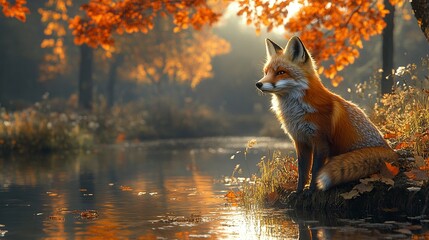 Fox Reflection Water, A fox stands by a waterbody, its vibrant reflection mimicking every detail in the autumnal setting. generative ai