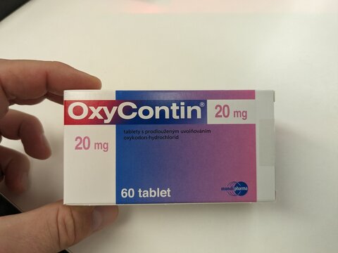 Prague,Czech Republic-November 8 2024:OXYCONTIN box of medication with OXYCODONE active substance by PURDUE PHARMA,used for treatment of chronic pain