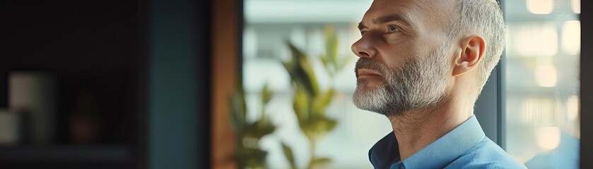 Obraz premium Visionary leader looking out a window, lost in thought, clear focus, warm natural light, high realism