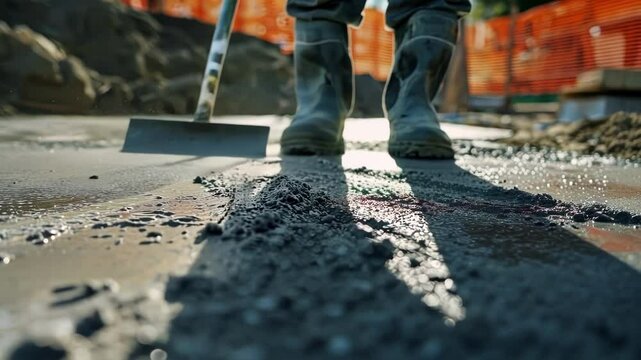 A supervisor inspects the work making sure that the concrete is being poured at the correct consistency.