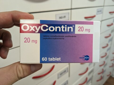 Prague,Czech Republic-November 8 2024:OXYCONTIN box of medication with OXYCODONE active substance by PURDUE PHARMA,used for treatment of chronic pain