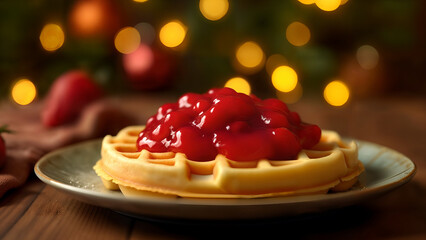 Delightful Swedish Waffle with Jam Surrounded by a Charming Festive Holiday Atmosphere