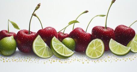 Bright cherries and lime wedges against a clean white background with tiny golden dots.