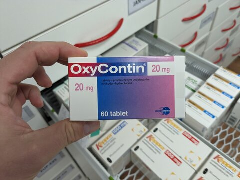 Prague,Czech Republic-November 8 2024:OXYCONTIN box of medication with OXYCODONE active substance by PURDUE PHARMA,used for treatment of chronic pain