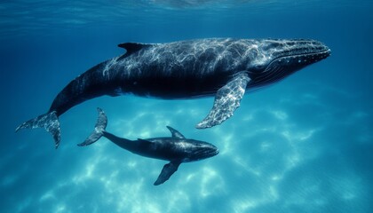 Obraz premium Aerial view of a whale swimming with its baby. bird's-eye top view whale humpback. 