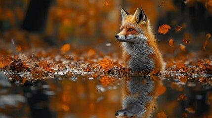 Fox Reflection Water, A fox stands by a waterbody, its vibrant reflection mimicking every detail in the autumnal setting. generative ai