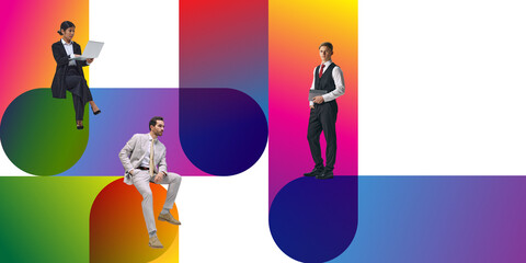 Naklejka premium Contemporary art collage. Professional positioned within minimalist, bright shapes that convey innovation and collaboration, Minimalist design. Concept of modern business presentations. Template.