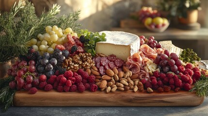 A wooden board with a variety of fruits and nuts on it