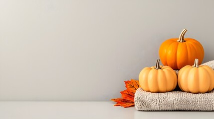 Three Pumpkins on a Knit Blanket with Fall Leaves