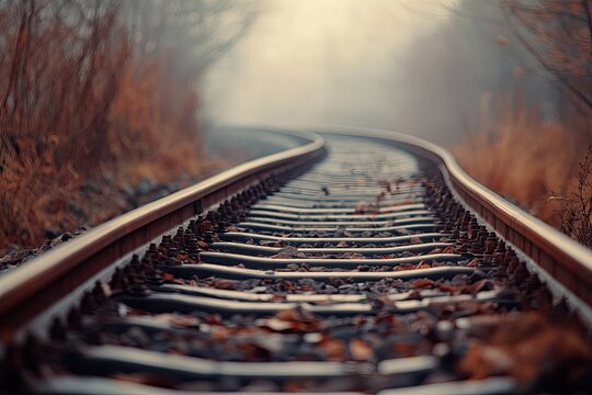 A train track is winding its way through a fogladen forest