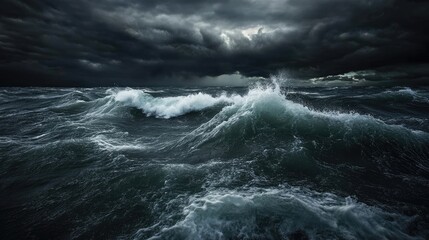 Fototapeta premium Aerial view captures the dark sea with stormy waves crashing, creating splashes against a backdrop of a turbulent sky, presenting an abstract nature background with ample photo space.