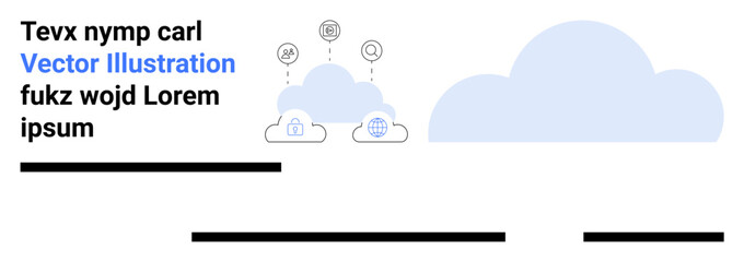 Multiple blue clouds and network icons symbolizing connectivity. Ideal for technology, cloud computing, network solutions, IT services, web hosting, data storage, cybersecurity. Landing page
