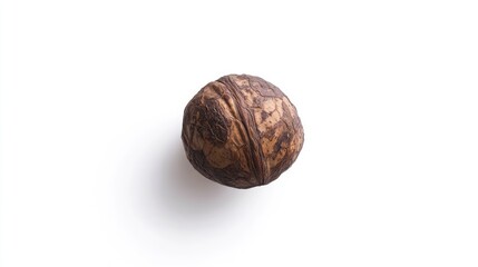 Single walnut with brown peel skin, isolated on a wide white background. This walnut is positioned centrally, casting a soft shadow that enhances its texture and detail.