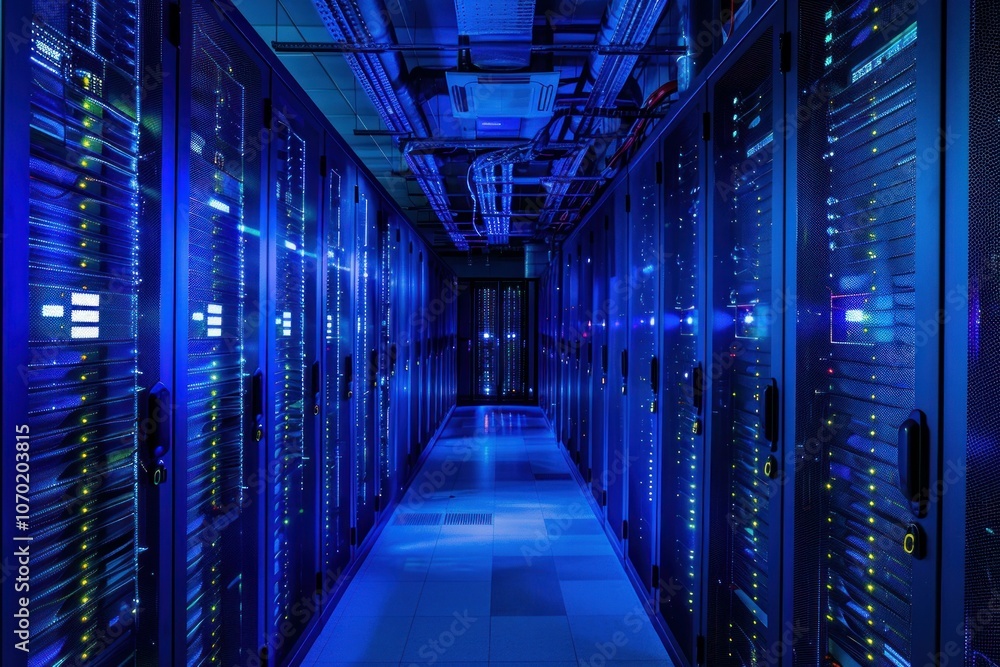 Poster server room with rows of network servers running diagnostics bathed in blue light
