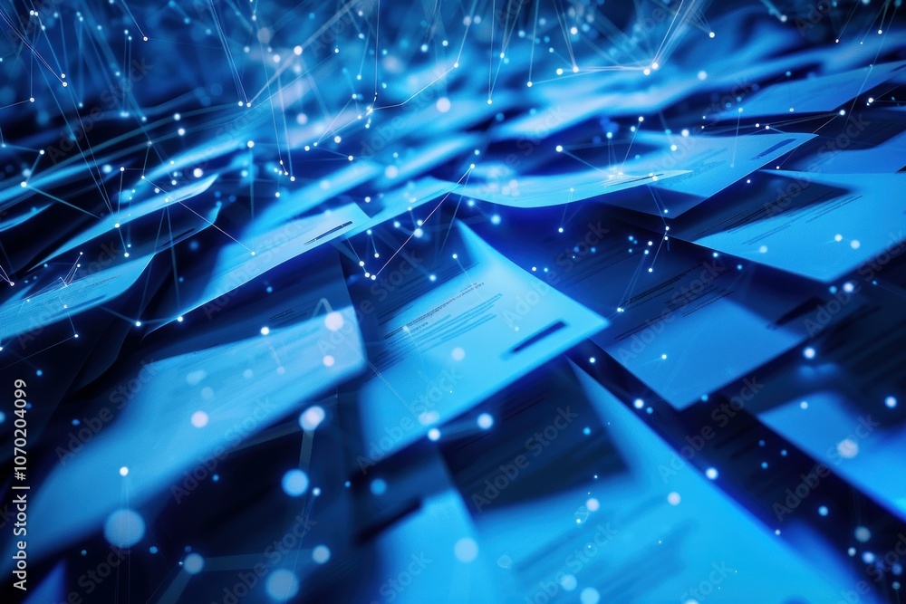 Poster network is connecting scattered paper documents with data flowing through them