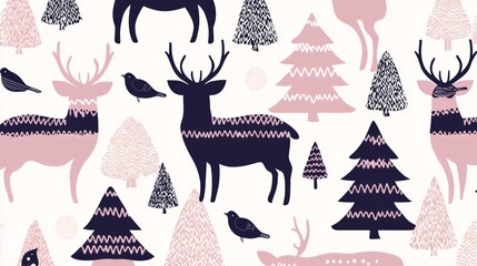 Pixel art pattern in shades of lavender, pink, and cream featuring deer, birds, and abstract trees.