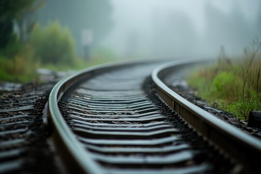 A train track is winding its way through a fogladen forest