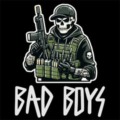 Illustrator Vector Sticker of Skull man with tactical Style grab a Weapon 