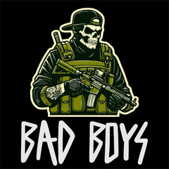 Illustrator Vector Sticker of Skull man with tactical Style grab a Weapon 